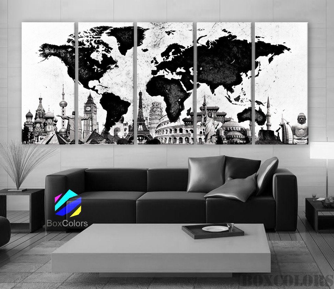 1080x936 Xlarge 30x70 5panels Art Canvas Print World Map Watercolor B Amp W - World Map Painting Black And White