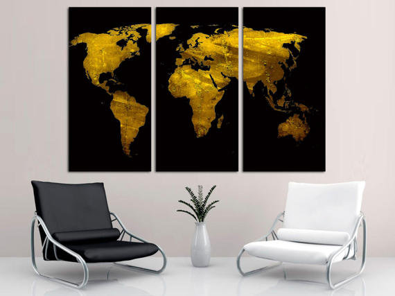 570x427 Black Gold World Map Canvas Print Wall Art Triptych 3 - World Map Painting Canvas