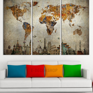 354x354 Canvas Print World Map And Wonders Of The From Edecorshop On Etsy - World Map Painting Canvas