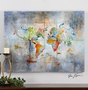 295x300 Large Vibrant Color 48 Hand Painted Canvas Modern World Map - World Map Painting Canvas