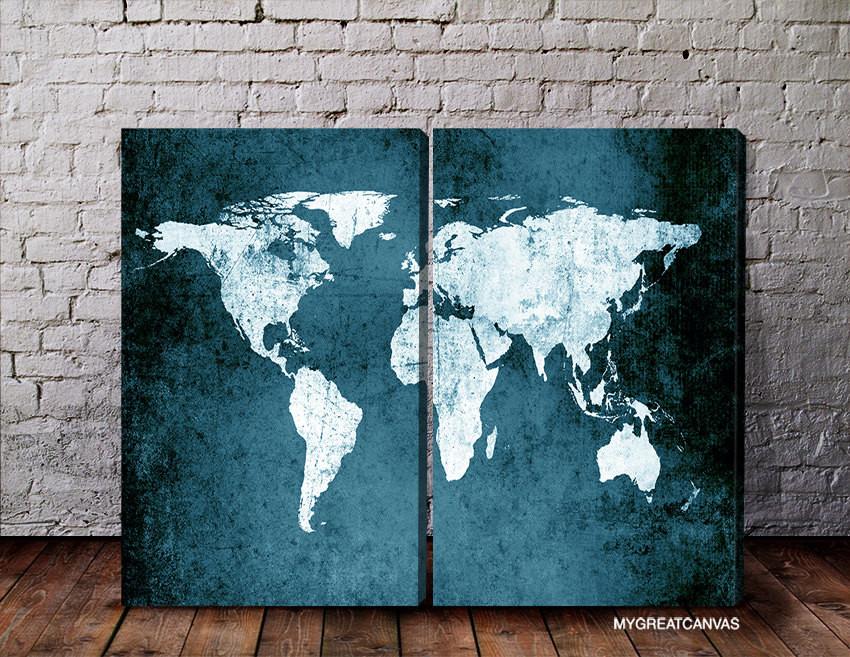 850x657 Metalic Blue Backgrounded White World Map Canvas Print 2 Panel - World Map Painting Canvas