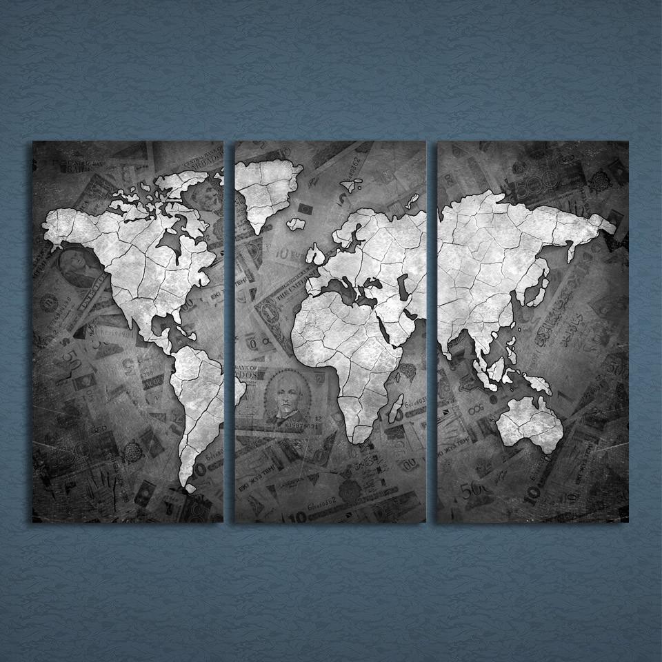 960x960 3 Panels Canvas Art World Map Black And White Home Decor Wall Art - World Map Painting Canvas