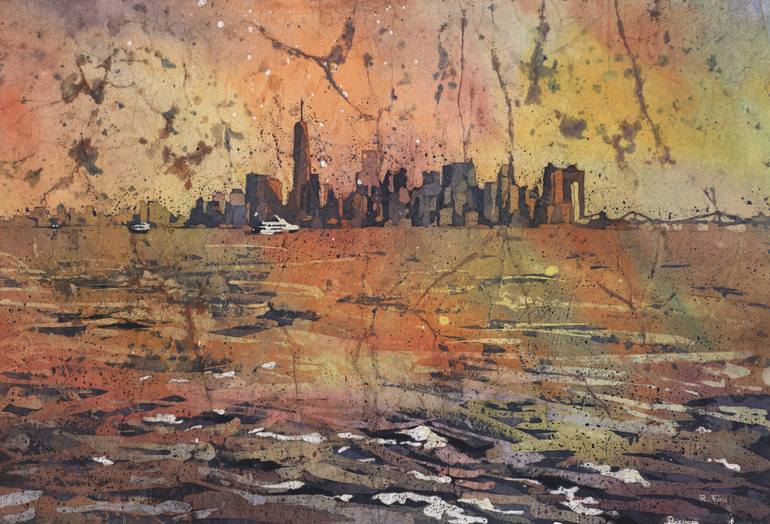 770x524 Saatchi Art Watercolor Batik Painting Of Skyline Of Manhattan - World Trade Center Painting