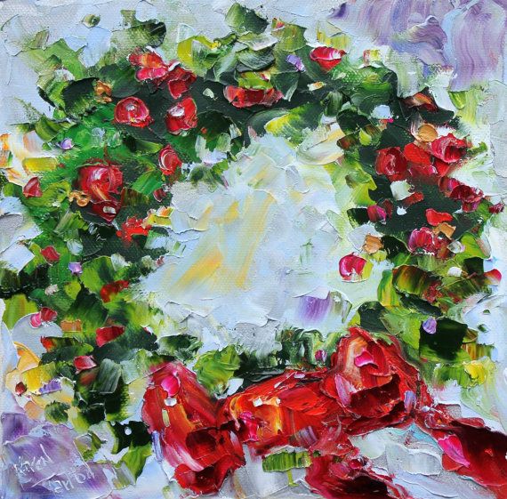 570x561 Original Oil Painting Holiday Christmas Wreath Impressionistic - Wreath Painting
