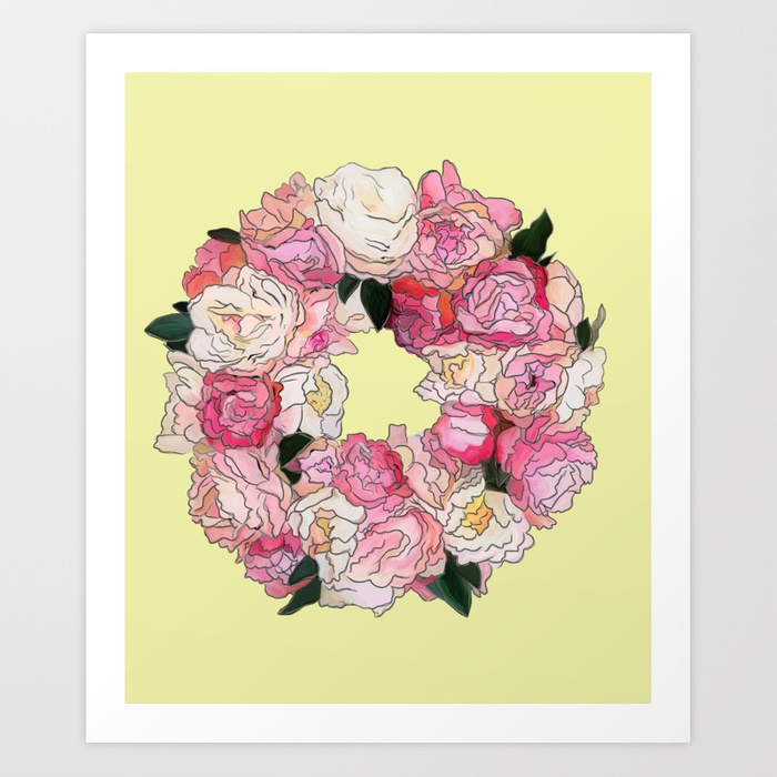700x700 Peony Floral Wreath Painting (Yellow) Art Print By Dakinisa Society6 - Wreath Painting