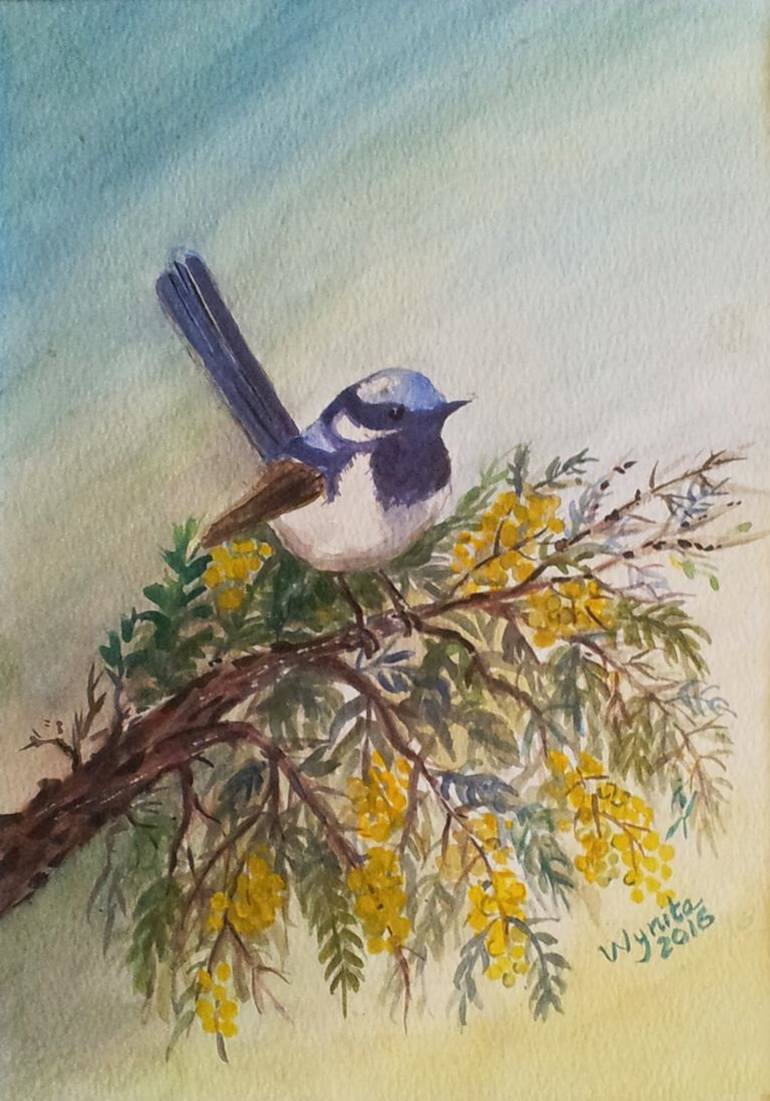 770x1101 Saatchi Art Blue Wren On Wattle Painting By Wynita Wilson - Wren Painting