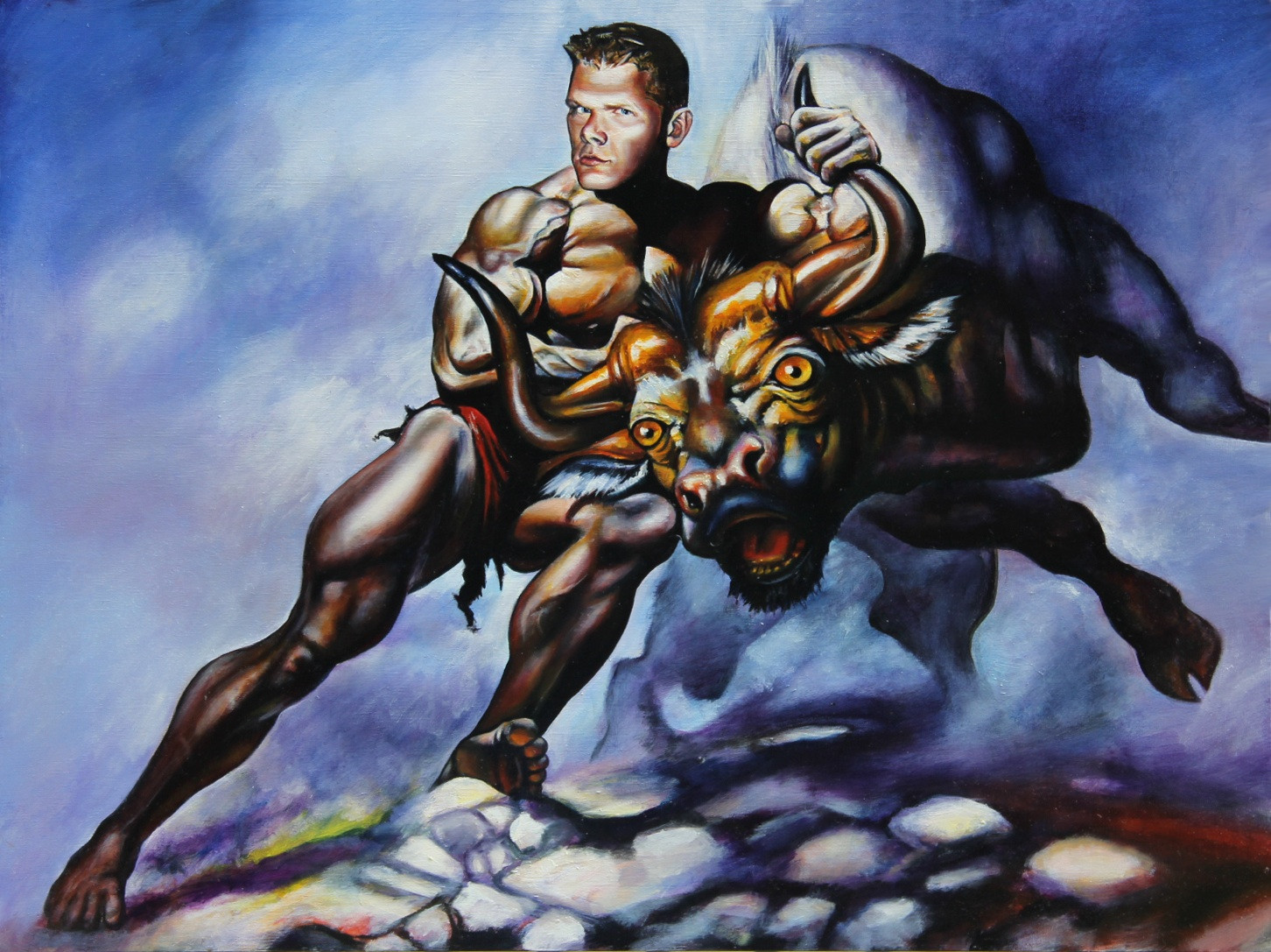 1452x1087 Eric Wrestling The Bull By The Horns, Oil On Panel, 18x24 Gave - Wrestling Painting