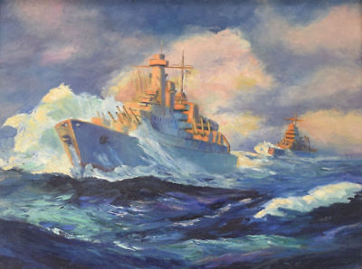 400x298 Vintage Original Ww2 Wwii Naval Battleship Military Art - Ww2 Painting