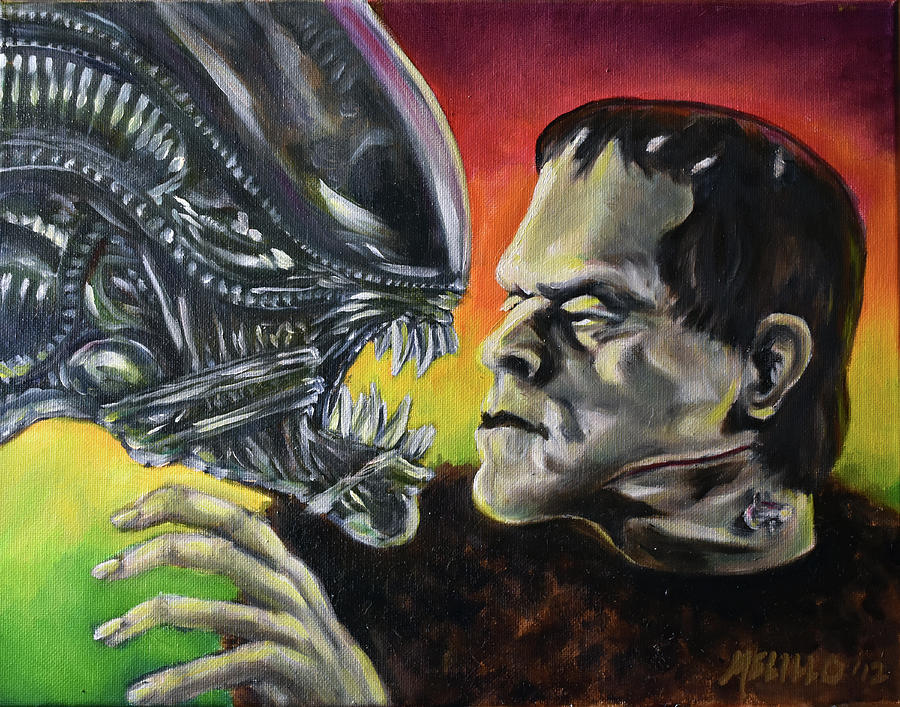 900x707 Monster And Xenomorph Warrior Painting By Michael Melillo - Xenomorph Painting