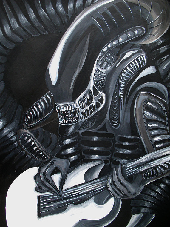 570x760 Xenomorph Alien Playing Guitar Acrylic Painting Beautiful - Xenomorph Painting