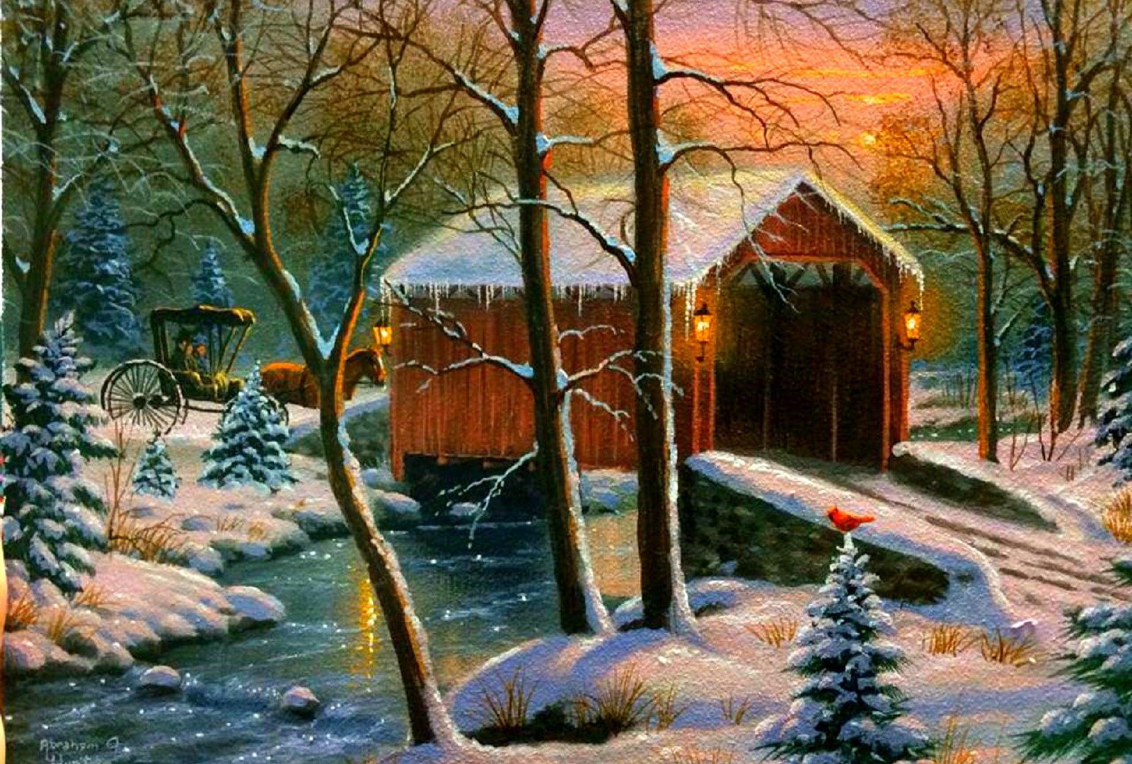 1600x1080 Winter Carriages Love Seasons White Xmas Bridges Trees Paintings - Xmas Painting