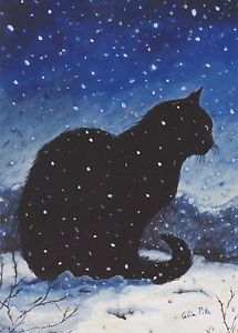 215x300 Black Cat In The Snow Christmas Xmas Card From Painting By Celia - Xmas Painting