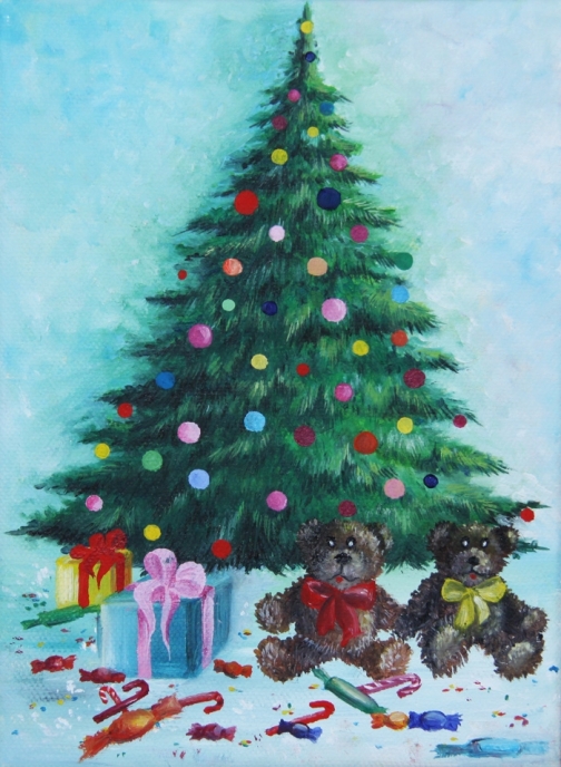 504x688 Christmas Tree With Gifts Acrylic Painting On Canvas By Christina - Xmas Tree Painting