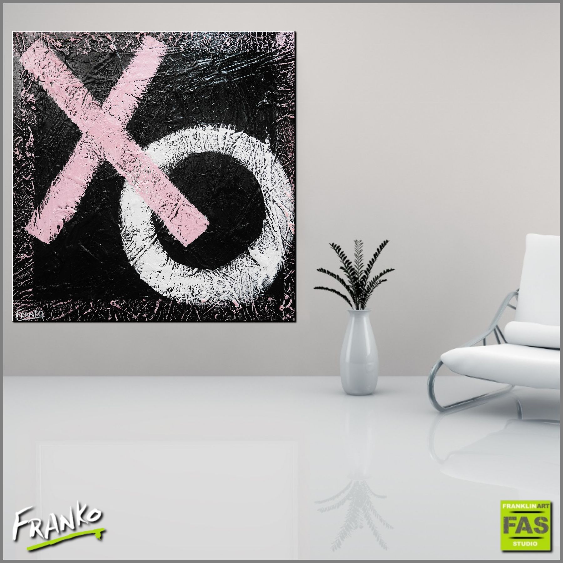 1800x1800 X O 120cm X 120cm Black White Pink Abstract Painting - Xo Painting