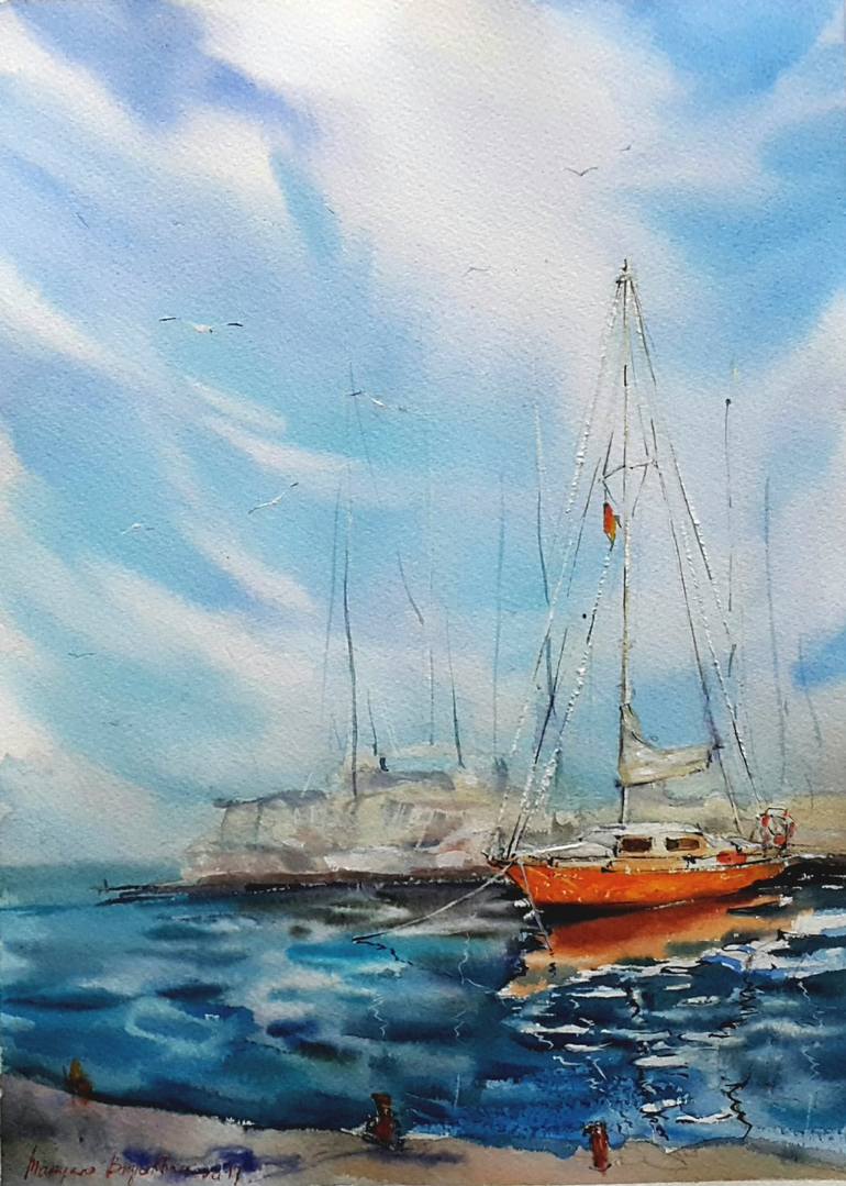 770x1079 Saatchi Art Red Yacht Painting By Mariana Briukhanova - Yacht Painting