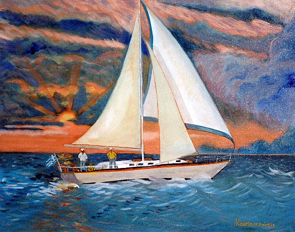 600x471 Sunset And Yacht Painting By Kostas Koutsoukanidis - Yacht Painting
