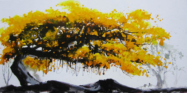 640x320 Hand Painted Abstract Oil Painting Yellow Trees China Style Home - Yellow And Black Painting