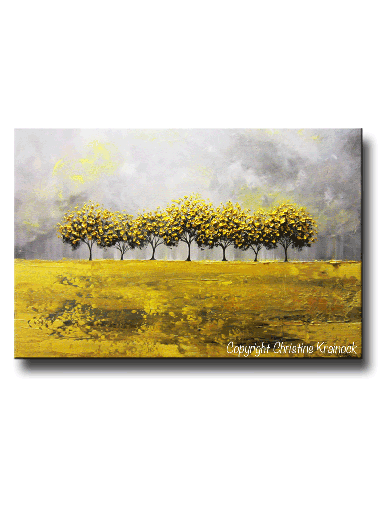 768x1024 Original Art Abstract Painting Yellow Grey Trees Decor - Yellow And Gray Painting