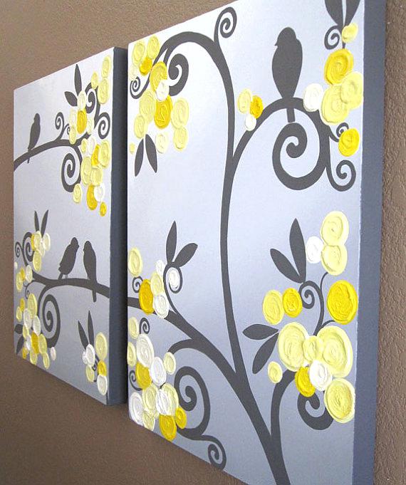 570x681 Wall Art Yellow Grey Flowers Birds Textured Acrylic Yellow - Yellow And Gray Painting