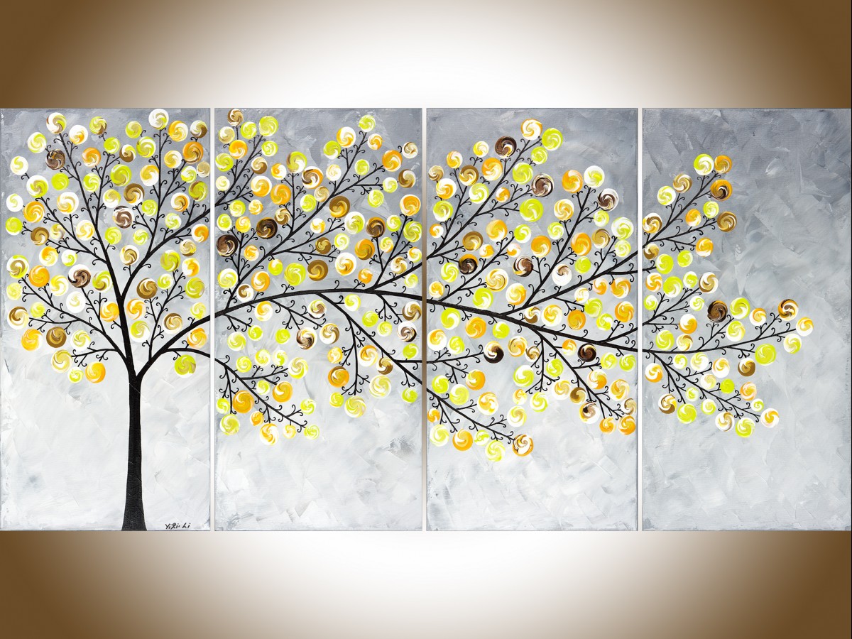 1200x900 Weeping Willow By Qiqigallery 48 X 24 Original Landscape Art - Yellow And Gray Painting