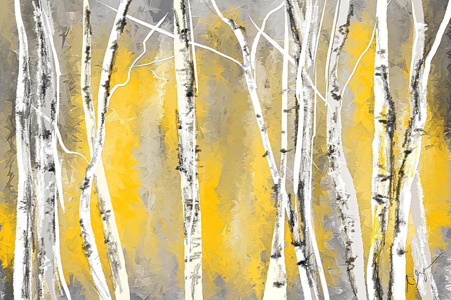 900x600 Yellow And Gray Birch Trees Painting By Lourry Legarde - Yellow And Gray Painting