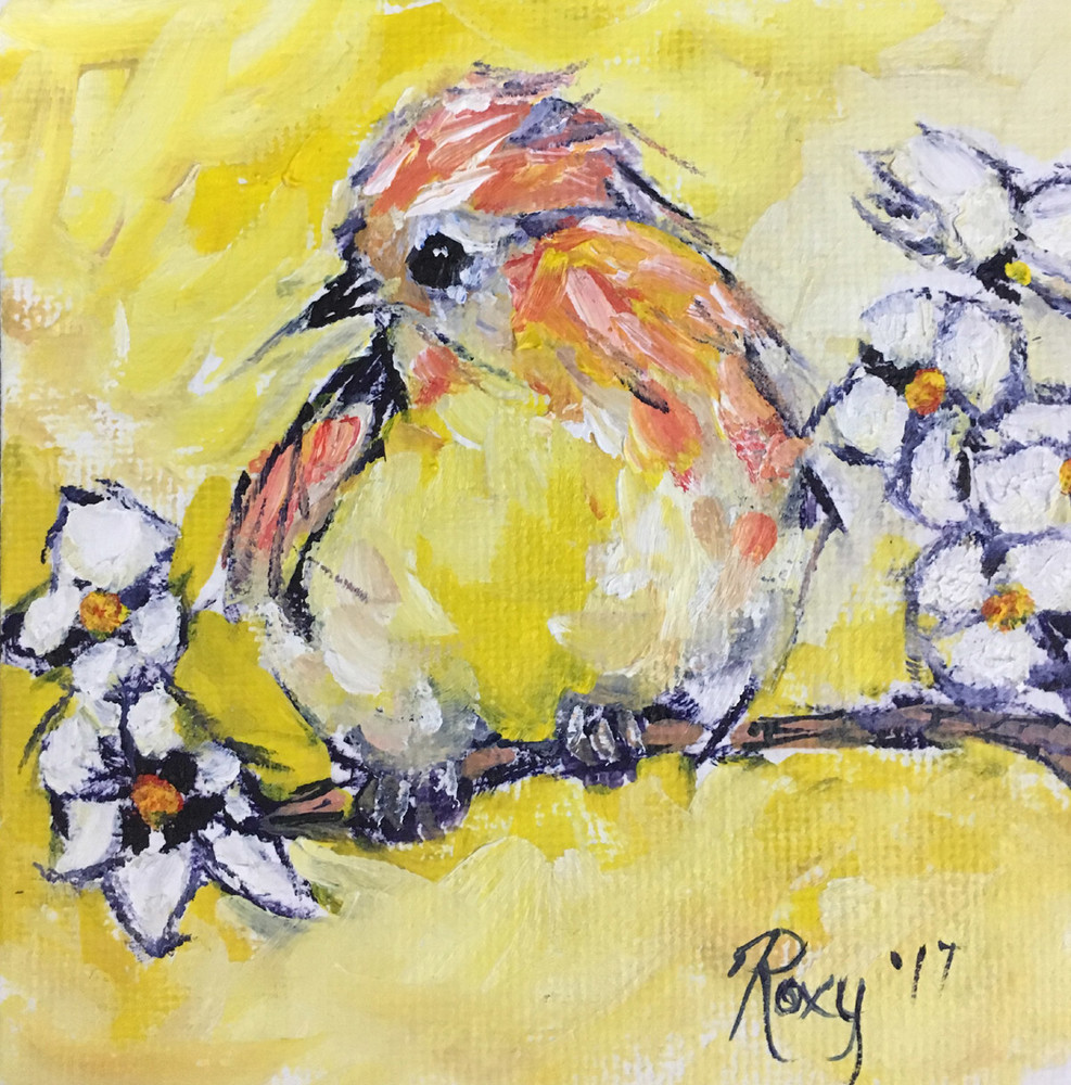 987x1000 Miniature Yellow Bird On A Branch With White Flowers Original Oil - Yellow Bird Painting
