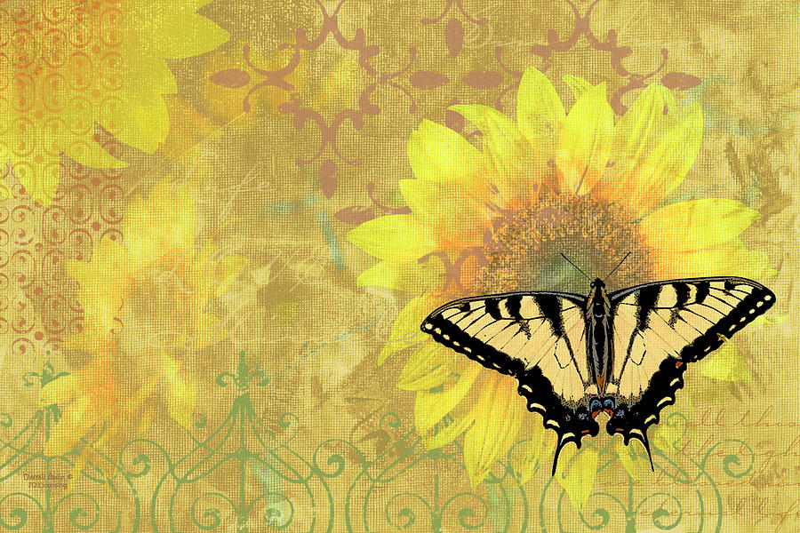 900x600 Sunflower Butterfly Yellow Gold Painting By Jq Licensing - Yellow Butterfly Painting
