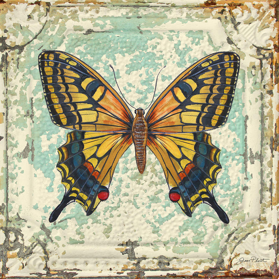 900x900 Lovely Yellow Butterfly On Tin Tile Painting By Jean Plout - Yellow Butterfly Painting