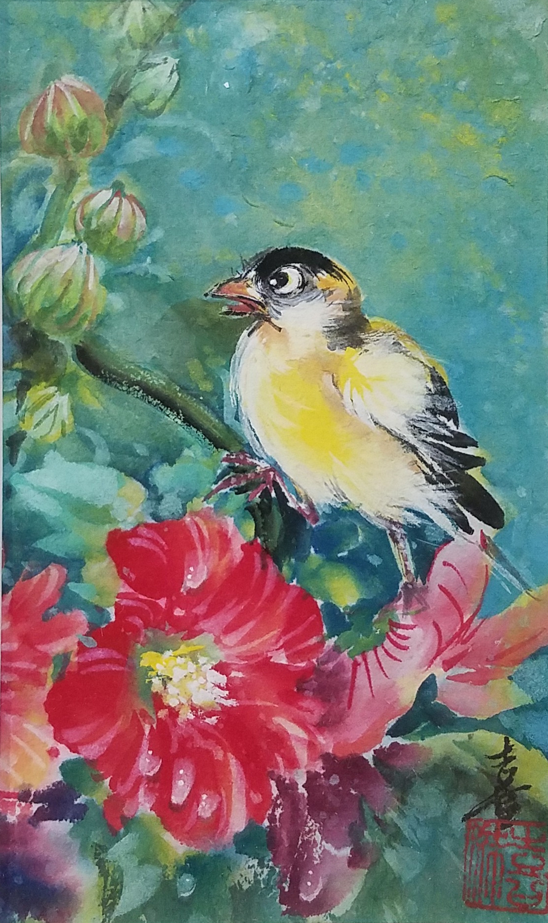 1109x1868 Flower Sumi E Chinese Brush Painting By Hsi Mei Yates - Yellow Finch Painting