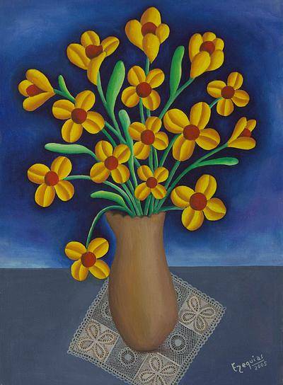 400x544 Oil Painting On Canvas Of Flower Vase With Yellow Flowers - Yellow Flower Painting