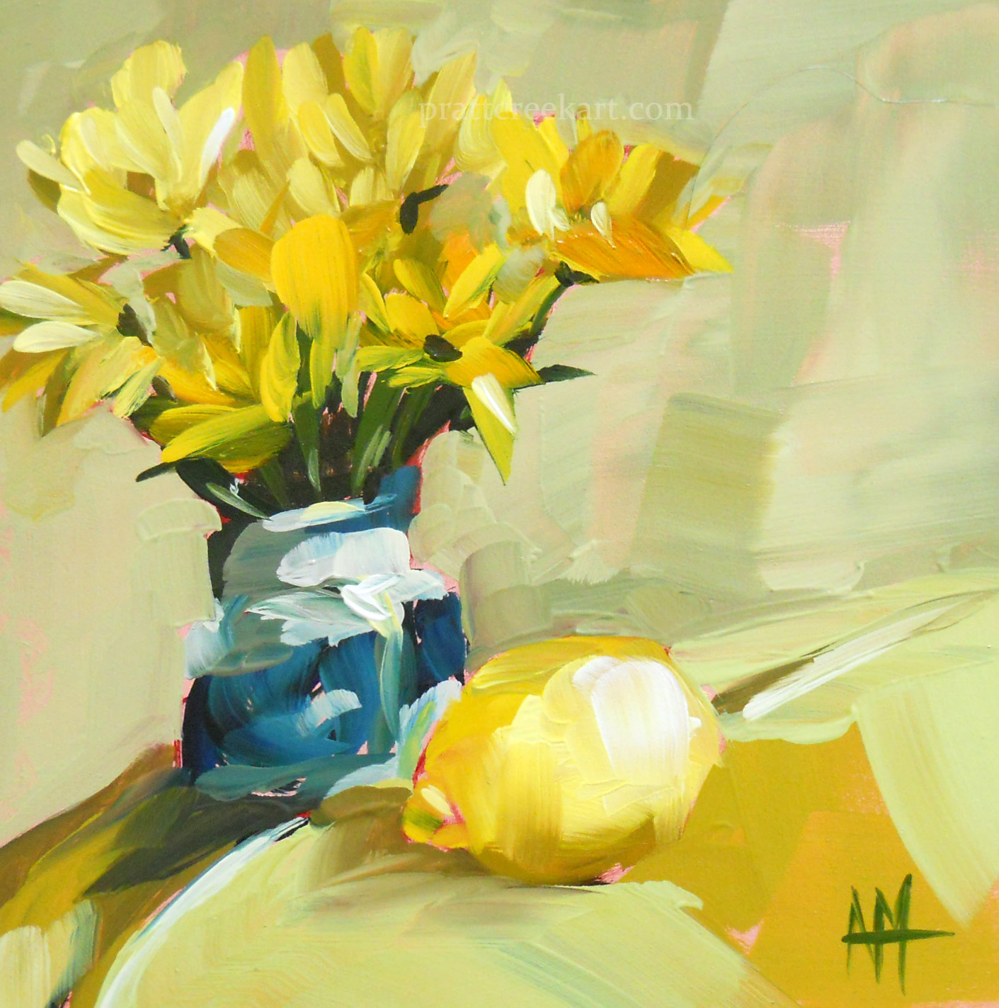 1411x1423 Yellow Flowers In Blue Vase And Lemon Still Life Painting Angela - Yellow Flower Painting