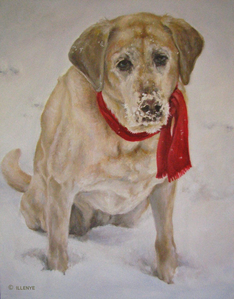 784x1000 Yellow Lab Custom Dog Portrait Playing In The Snow With Red Scarf - Yellow Lab Painting
