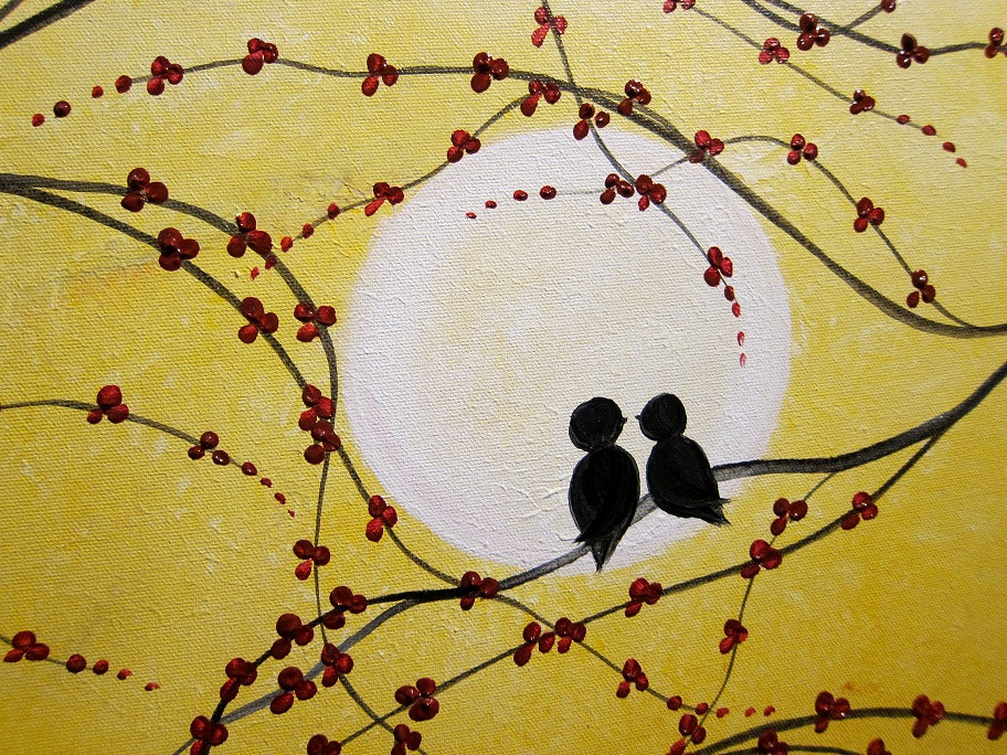 912x684 Original Painting Love Bird Art Yellow Burnt Orange And Cherry - Yellow Painting