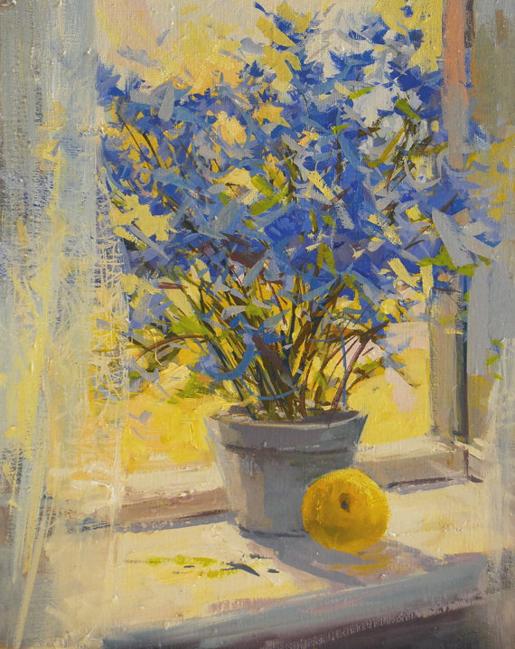 570x718 Yellow Blue Flowers Painting Print - Yellow Painting