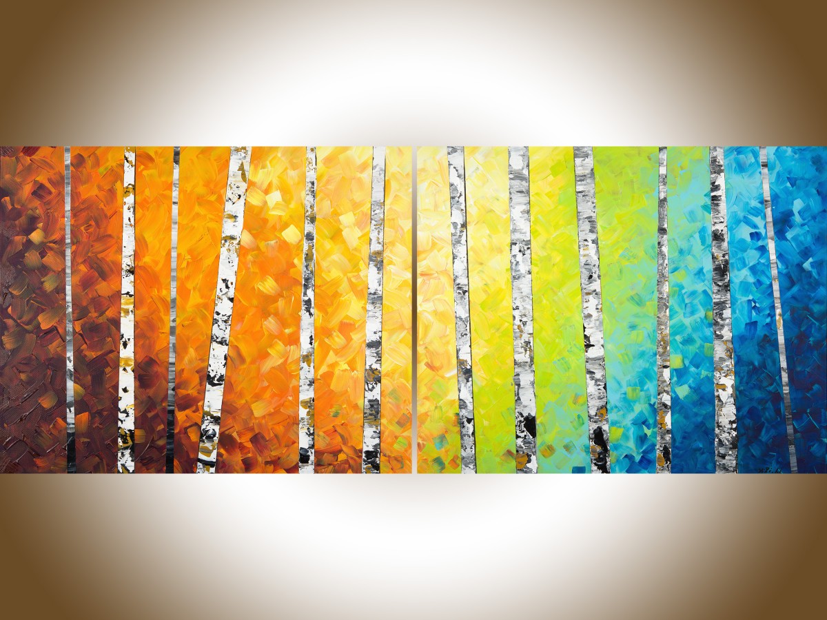 1200x900 Autumn Birch Trees Ii By Qiqigallery 54 X 24 Original Oil - Yellow Painting On Canvas