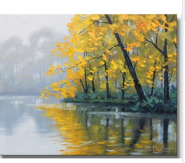 599x528 Yellow Autumn River Hand Painted Canvas Oil Painting - Yellow Painting On Canvas
