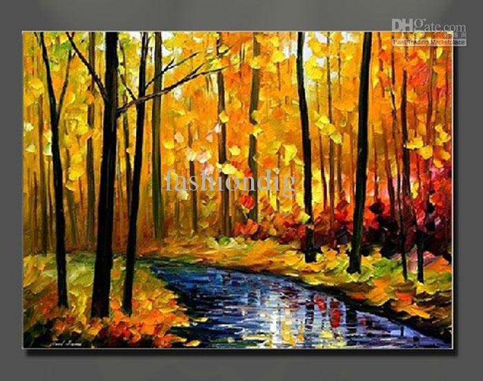 700x552 2018 Oil Painting Canvas Autumn Landscape Scenery River Yellow - Yellow Painting On Canvas