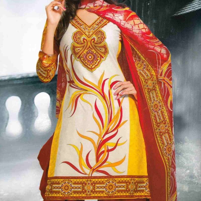 800x800 Buy Elegant Yellow Amp Red Unstitched Printed Cotton Dress Material - Yellow Painting Suit