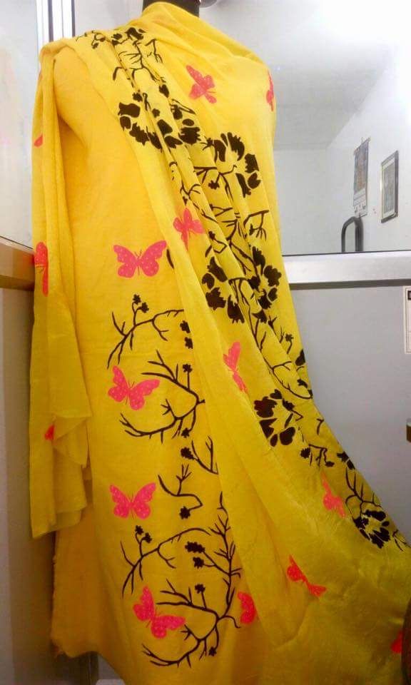 576x960 Delightful Hand Painted Cotton Silk Suit In Yellow Color - Yellow Painting Suit