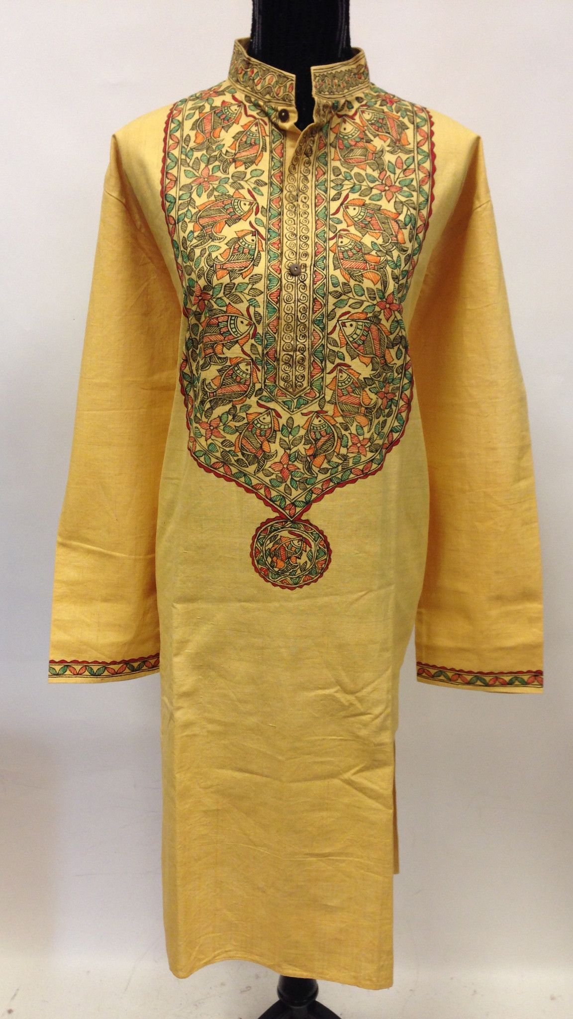 1152x2048 Hand Painted Madhubani Design Linen Long Kurta Yellow Fabric - Yellow Painting Suit