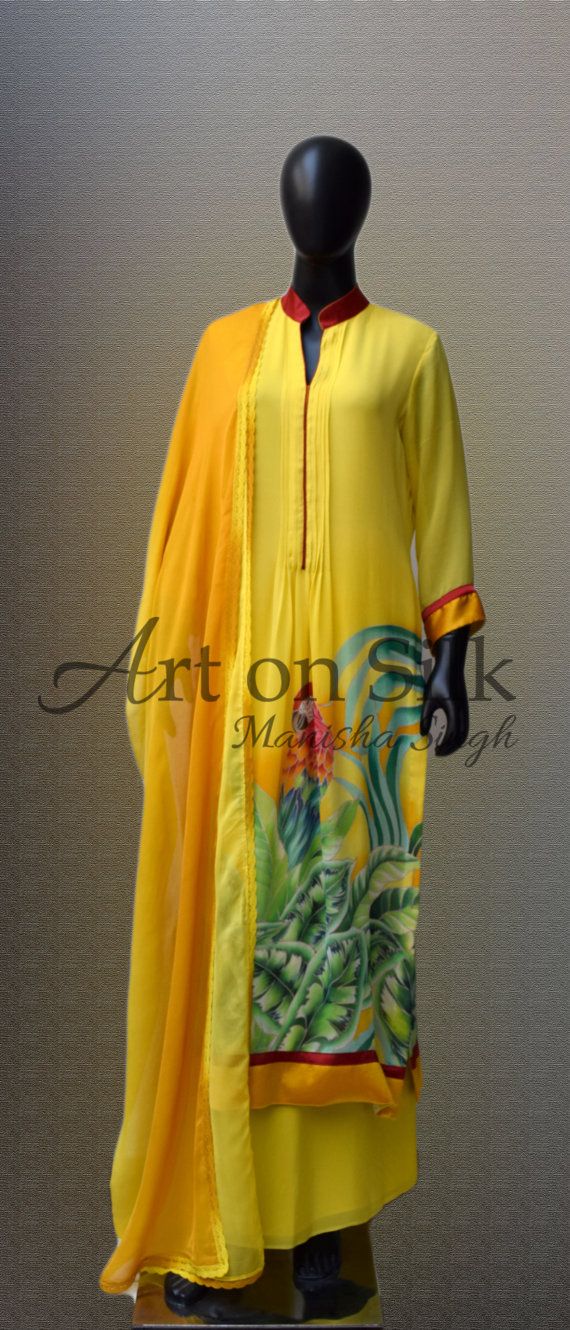 570x1330 Hand Painted Macaw On Yellow Suit By Manishasingh On Etsy - Yellow Painting Suit