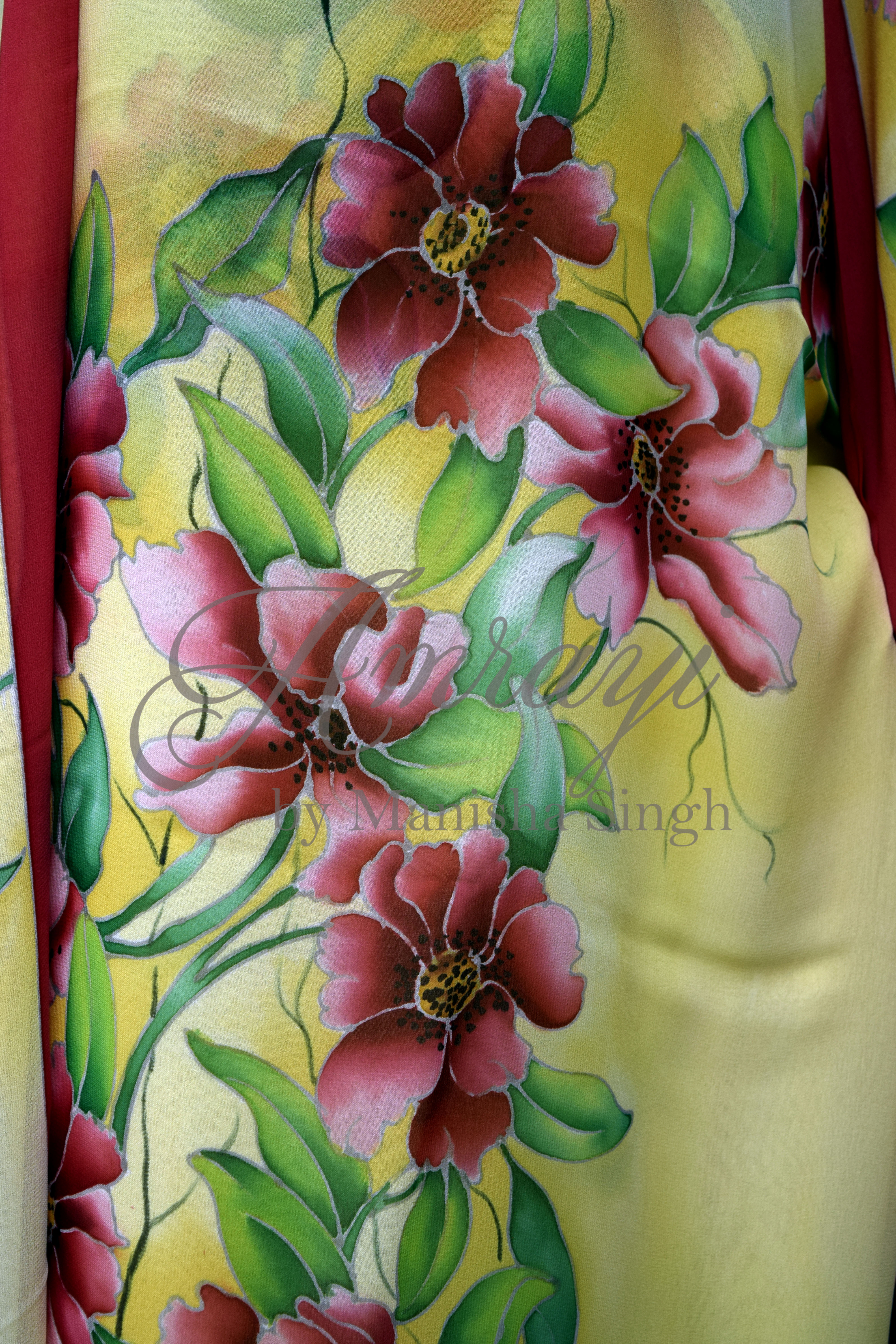 4000x6000 Hand Painted Silk Georgette Salwar Suit Red Camellia On Lemon - Yellow Painting Suit