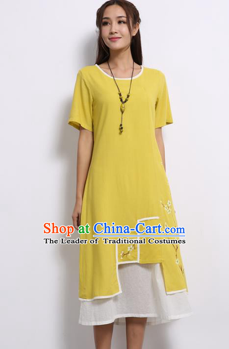 467x712 Asian China Top Grade Yellow Linen Hand Painting Cheongsam - Yellow Painting Suit