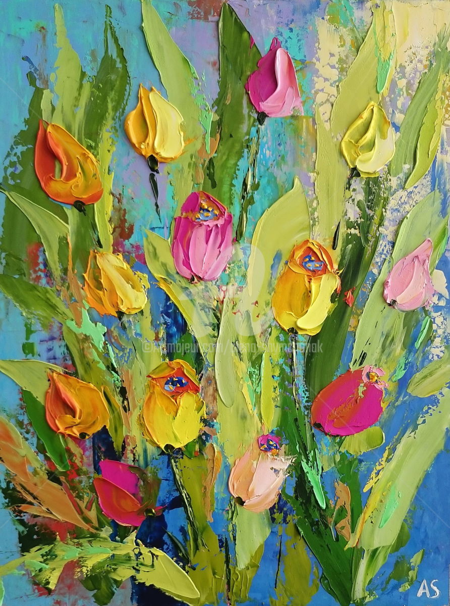 892x1200 Pink And Yellow Tulips Palette Knife Oil Painting (Alena Shymchonak) - Yellow Tulip Painting