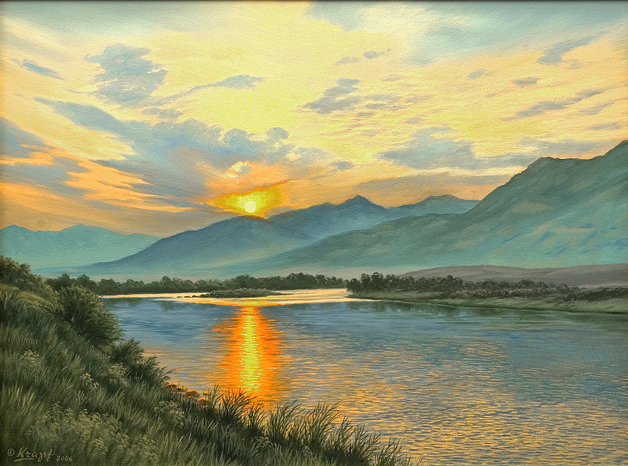 900x668 Smoky Sunrise Yellowstone River Painting By Paul Krapf - Yellowstone Painting