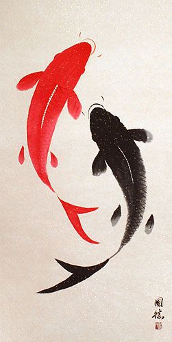 251x500 Large Yin Yang Fish Wall Scroll Close Up View - Yin Yang Fish Painting
