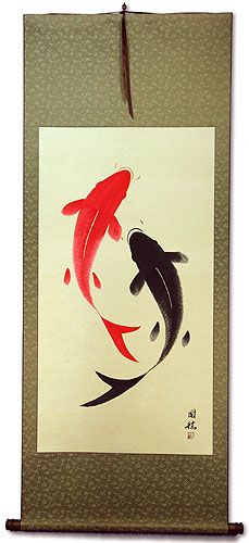 229x500 Yin Yang Koi Fish Large Chinese Scroll - Yin Yang Fish Painting