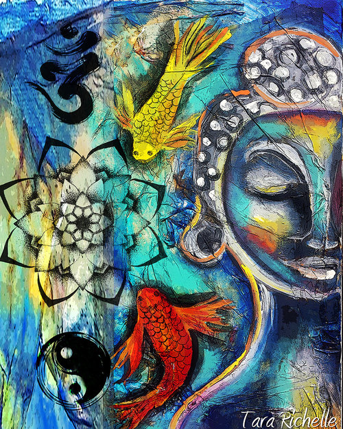 500x625 Buddha Painting, Koi Fish,statue,om, Lotus Flower, Wall Art, Home - Yin Yang Fish Painting