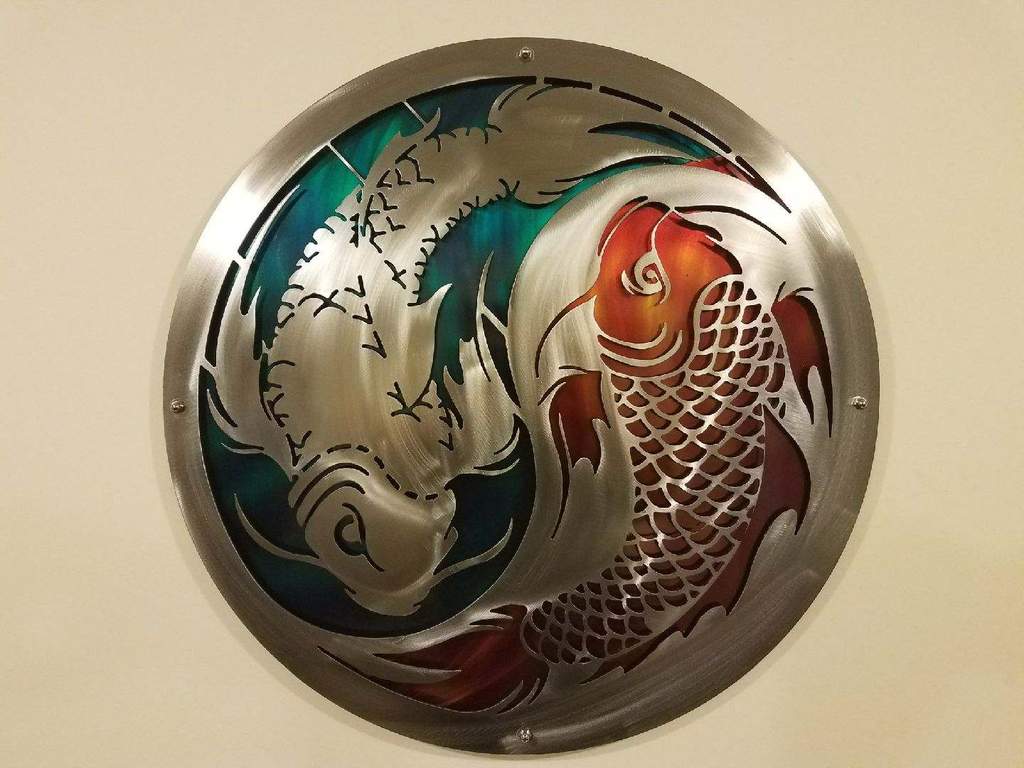 1024x768 Painted Layered Koi Fish Ying Yang 2 Footer Metal Art Metal - Yin Yang Koi Fish Painting