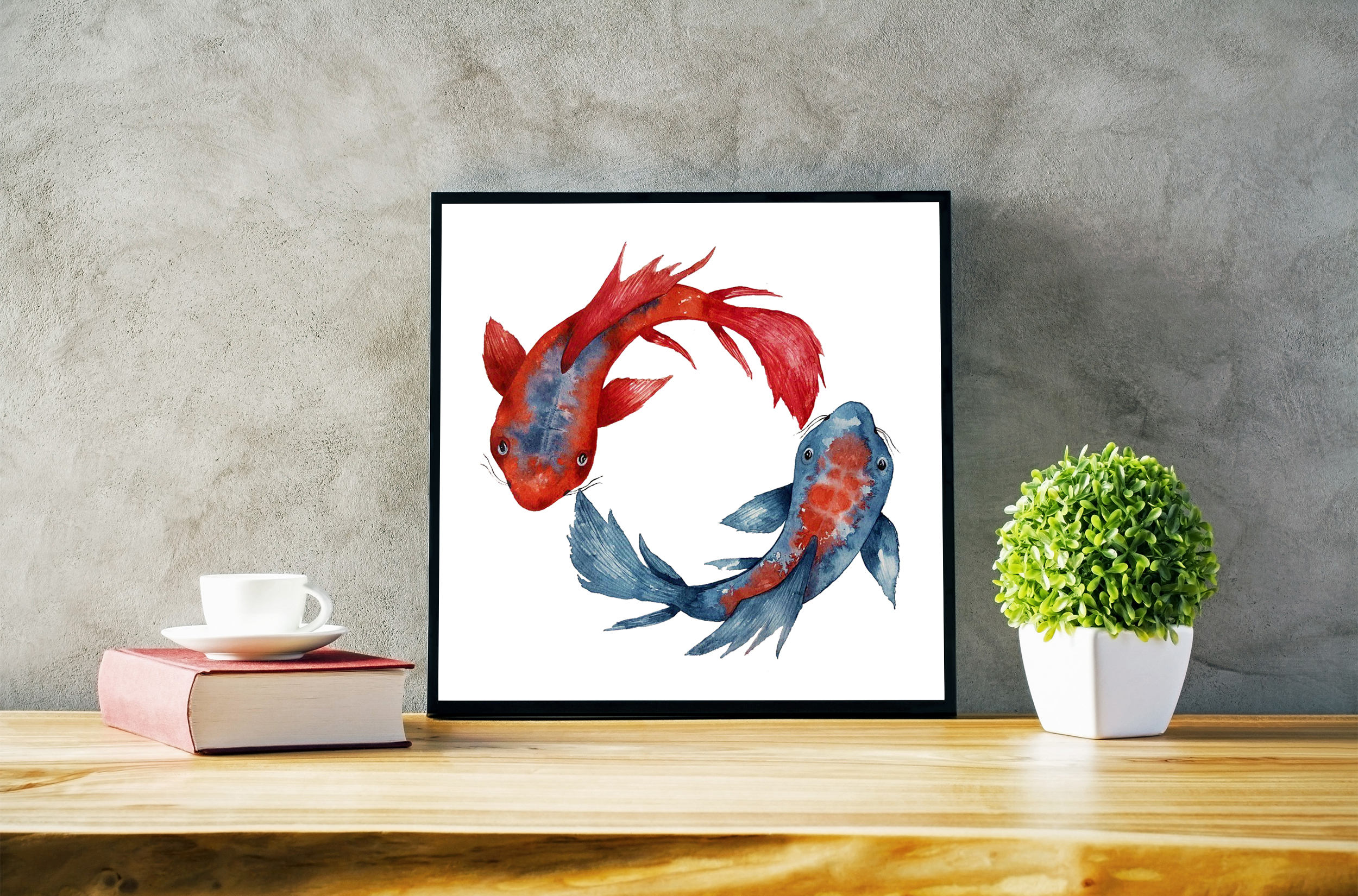 2500x1650 Yin Yang Koi Fish Framed Poster Wall Art Decor Watercolor - Yin Yang Koi Fish Painting